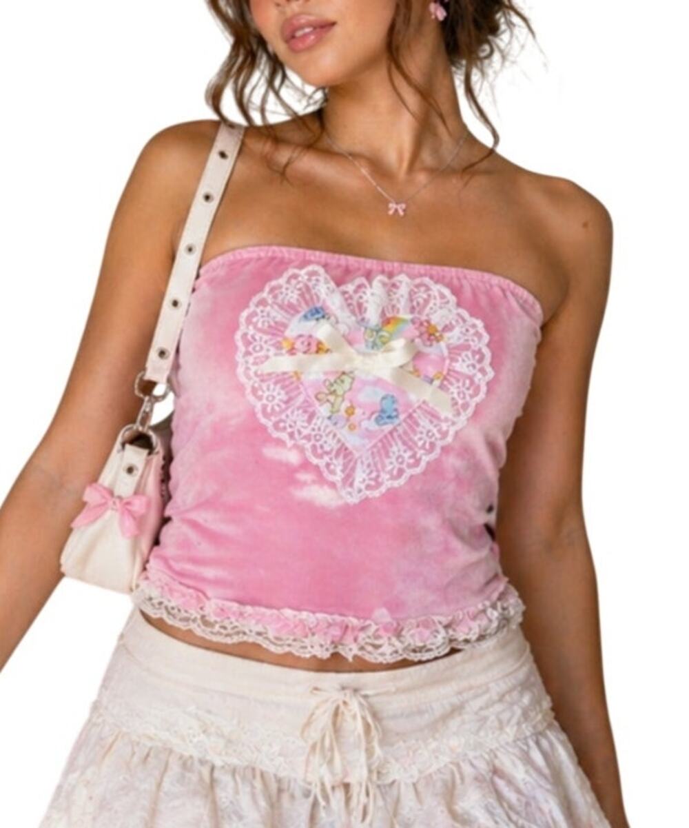 Y2K Coquette Handmade Lace Heart Velour Corset Top XS Pink Kawaii Doll Carebear